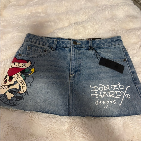 Ed Hardy Blue Denim Mini Skirt with Skull Design - Picture 2 of 3